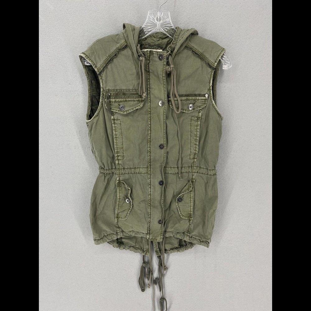 Anthropologie Marrakech Moto Vest Womens XS Army Green Full Zip Button Hooded